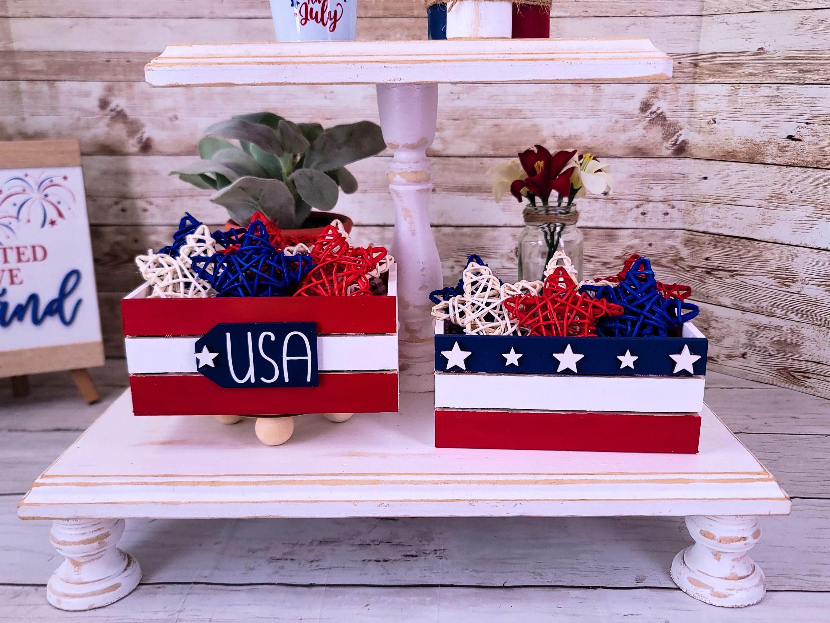 Patriotic Tiered Tray Decor, July 4th Mini Crate, Fourth of July