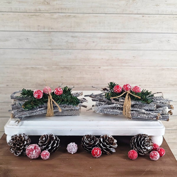 Frosted Firewood Bundle, Winter Tiered Tray, Set of 2, Tier Tray Greenery, Farmhouse Christmas Branch Bundle, Winter Wonderland Branches