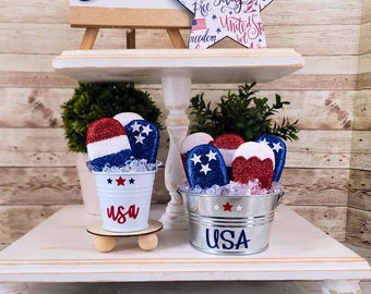 Mini July 4th Popsicle Bucket, July 4th Tiered Tray Decor, Patriotic July 4th Shelf Decor, Fourth of July Tier Tray, Independence Day