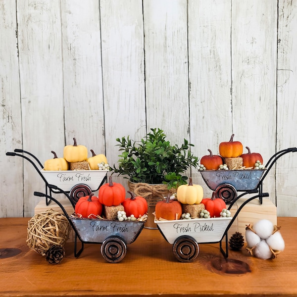 Mini Metal Farmhouse Wheelbarrow, Fall Tiered Tray Decor, Autumn Wheel Barrel, Thanksgiving Decor, Halloween Pumpkin, Fall Pumpkin Wagon