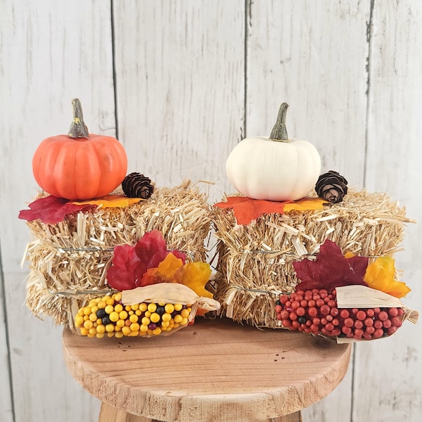 Harvest Hay Bale, Mini Thanksgiving Haybale with Pumpkin And Corn, Fall Tiered Tray Decor,  Harvest Straw Bale, Fall Farmhouse Decor