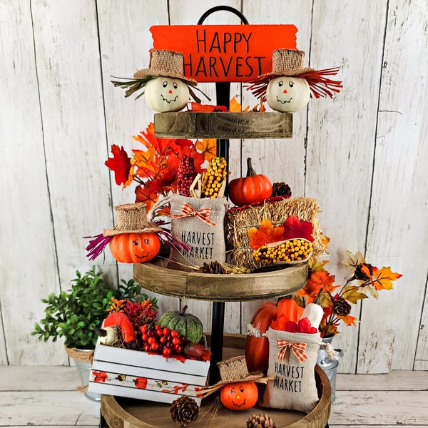 Happy Harvest Tiered Tray Bundle, Fall Decor, Thanksgiving Decorations, Autumn Mini Sign, Fall Two Tier Tray, Fall Tier Tray Set