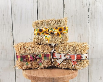 Mini Hay Bale, Fall Tiered Tray Decor with Ribbon
