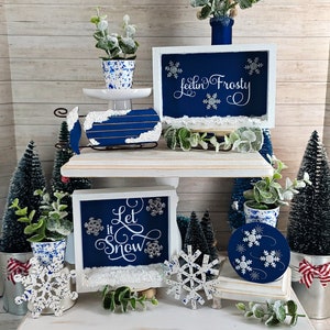 Let It Snow Decor Bundle, Winter Tiered Tray Set, Blue and White Tier Tray, Snowflake Decoration, Feelin Frosty, Let It Snow Sign,