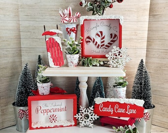 Candy Cane Bundle, Peppermint Tiered Tray Set, Winter Decor Bundle, Red and White Tier Tray Decor, Peppermint Decoration, Kris Kringle