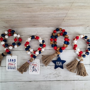 July 4th Tier Tray Decor, Independence Day Wood Bead Garland, Tiered Tray Decor, Patriotic Garland, 4th of July, Red White Blue, USA Tray