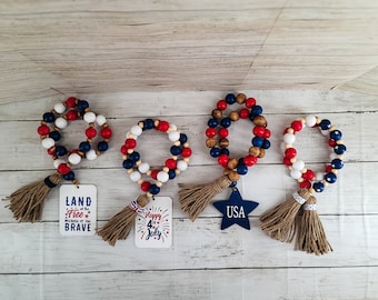 July 4th Tier Tray Decor, Independence Day Wood Bead Garland, Tiered Tray Decor, Patriotic Garland, 4th of July, Red White Blue, USA Tray
