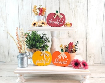 Fall Tiered Tray Sign Set, Mini Pumpkin Sign, Set of 3 Signs, Free Standing Wood Sign, Thankful Grateful Blessed, Thanksgiving, Fall Decor