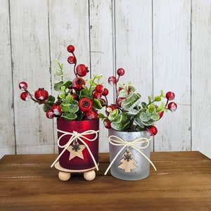 Christmas Tier Tray Mini Floral Arrangement, Christmas Tiered Tray Decor, Red Berries Table Centerpiece, Frosted Winter Decoration