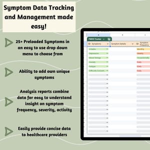 May include: A screenshot of a digital tracker for managing symptoms. The tracker has a drop-down menu with pre-loaded symptoms like Irritable, Depression, Mood Swings, Anxiety, Fatigue, and Difficulty Concentrating. The tracker also allows users to add their own unique symptoms. The tracker includes columns for symptom details and frequency.