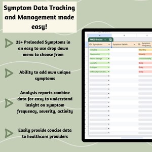May include: A screenshot of a digital tracker for managing symptoms. The tracker has a drop-down menu with pre-loaded symptoms like Irritable, Depression, Mood Swings, Anxiety, Fatigue, and Difficulty Concentrating. The tracker also allows users to add their own unique symptoms. The tracker includes columns for symptom details and frequency.
