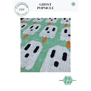 May include: A quilt featuring a repeating pattern of ghost-shaped popsicles on a light green background. The ghosts are white with black patterned eyes and mouths, and each has an orange popsicle stick. The text reads GHOST POPSICLE.