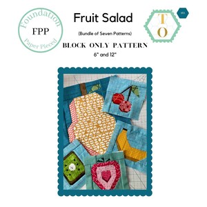 Peut inclure: Blocs de tissu colorés avec des motifs de fruits, dont des cerises, une banane, une fraise et un kiwi. Les blocs font partie d'un ensemble de patrons "Fruit Salad", avec des tailles de 15 cm et 30 cm.