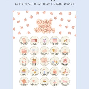 Könnte beinhalten: Eine rosa und weiße Bingokarte mit dem Text "Self Care Bingo Poster" oben. Die Karte hat 25 Kreise mit verschiedenen Selbstpflege-Aktivitäten, wie z. B. ein Schaumbad nehmen, lesen und wandern. Der Text "do what makes you happy" befindet sich in der Mitte der Karte.