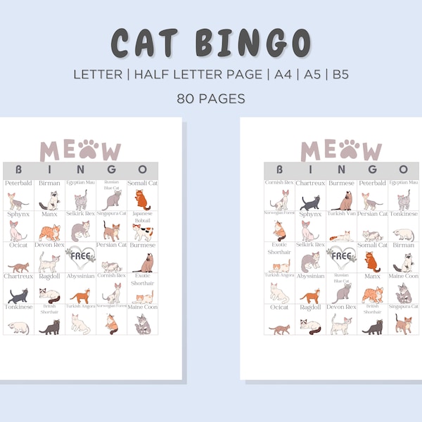 Cat Breed Bingo Cards 80 Pages Printable|A4|A5|Letter|Half Letter| Kitten Party Game