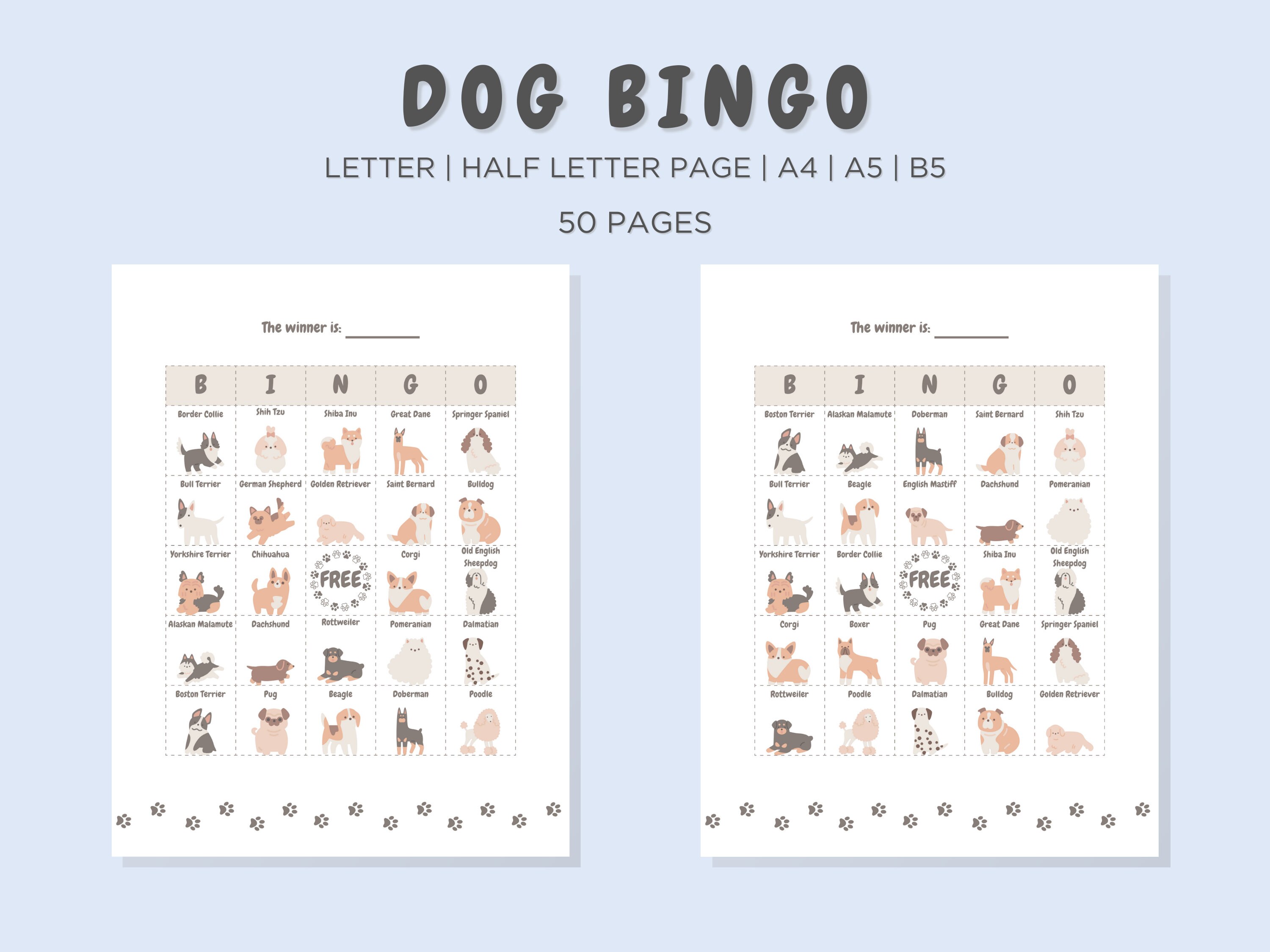 17ldog Breed Bingo Game ,printable Bingo Game With Large Cards, Print
