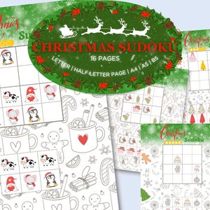 May include: Christmas Sudoku puzzle book with 16 pages. The cover features a festive wreath with reindeer and the text "Christmas Sudoku". Inside, the puzzles have Christmas-themed illustrations, including penguins, elephants, and Christmas trees.