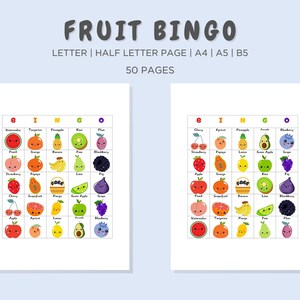 Tarjetas de bingo de frutas 50 páginas imprimibles/A4/A5/Carta/Media letra/Juego de fiesta
