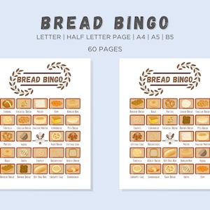 May include: Two printable bingo cards with a brown and white design. Each card features a grid of 25 squares with different types of bread illustrated in each square. The title of the cards is "Bread Bingo".