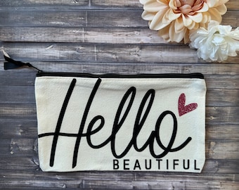 Hello Beautiful Canvas Makeup Bag, Bachelorette Party Favor, Gift for her