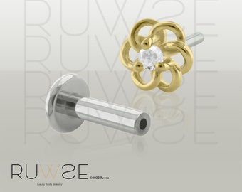 Threadless End, Labret Solid 14K Gold Ornamental END with Titanium Threadless Back 20g to 14g cartilage piercing lobe earring helix jewelry