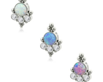 14g Threaded Accessories: Titanium Majestic Bezel setting Cubic Zirconia & Opal 1.2mm threading pattern