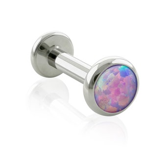 Engaste de bisel de ópalo violeta claro, titanio de grado de implante de 16 g a 18 g, con rosca interna, joyería para labio con parte posterior plana GRANDE para orejas sensibles