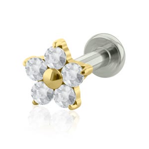 Labret de titanio de grado implante y extremo en forma de flor de seis pétalos, ideal para lóbulos de las orejas. Roscado de 16 g o 18 g, parte posterior PEQUEÑA, parte posterior plana.