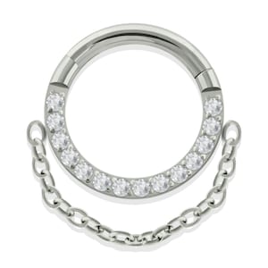 16g Implant Grade Titanium Front Facing  Cubic Zirconia Clicker ring with Titanium Dangle chain for Septum and  Cartilage Piercings