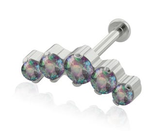 16g -18g Implant Grade Titanium Schroefdraaduiteinde met KLEINE achterkant labret, Vijf kubieke zirkonia clusters in een zetting met pootjes, helix kraakbeen oorsieraad