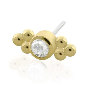 Threadless End: Solid 14K Gold Double TRI Bezel-set END with Titanium Pin compatible with Ruwse 20g to 14g Threadless back Cubic Zirconia