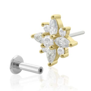 A Solid 14K Gold Flower Marquise END with Implant Grade Titanium Threadless Back 20g to 14g Threadless Flat Back.