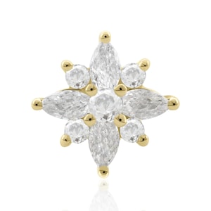 Implante de oro macizo de 14 quilates sin rosca, con forma de flor marquesa y pasador de titanio, compatible con nuestros piercings traseros sin rosca de 20 g a 12 g