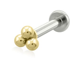 16 g-18 g implantaatkwaliteit titanium PVD vergulde driedubbele kraalcluster met KLEINE platte achterkant met interne schroefdraad.