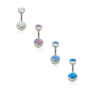 May include: Four curved barbell body jewelry pieces made of silver-toned metal. Each piece features two round, cabochon-style opal stones at the ends, displaying white, pink, and blue iridescent color variations across the set of four items.