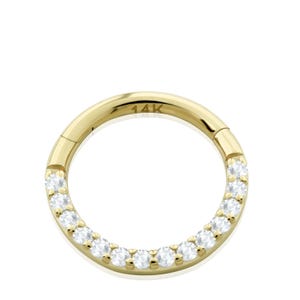 Implant Grade 14k Solid Gold Clicker Hoop Front Facing inlaid Multi-gem  Cubic Zirconia.