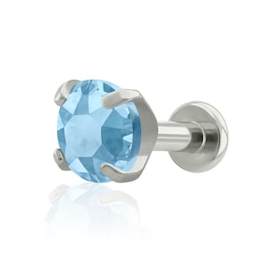 Threaded End & Labret: Implant Grade Titanium Light Blue Cubic Zircon Prong-set END with 16g or 18g Threaded SMALL Back labret cartilage