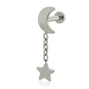 16g-18g Implant Grade Titanium Moon Star Chain END with 16-18g Threaded Labret SMALL Back cartilage earring, earlobe piercing,dangle earring