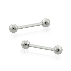 May include: Two silver-colored barbell-style body jewelry pieces. Each piece has a straight, cylindrical bar with a ball on each end. The balls have a small, dark hole in the center. The jewelry is displayed against a white background.