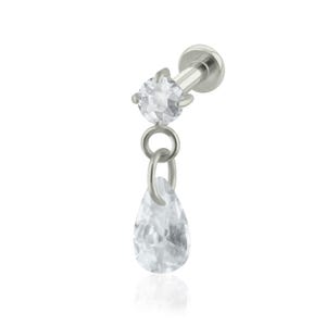 Threaded End & Labret Implant Grade Titanium Prong set 4, Cubic Zirconia Chain Teardrop END with 16g or 18g Threaded Labret SMALL Back