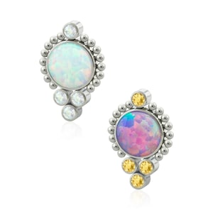16g-18g Thread Accessories: Titanium Saturn Bezel setting Cubic Zirconia & Opal 0.9mm threading pattern works with 18g and 16g threaded back