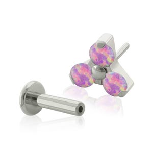 20g to 14g Titanium Push-in Studs, Threadless Opal Trinity end with Push-in labret back earring, tragus ring, cartilage piercing, earlobe