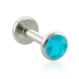 Extremo roscado y labret: titanio de grado de implante, aguamarina, engaste de gemas planas, extremo con perforación en labio roscado GRANDE de 16 g o 18 g