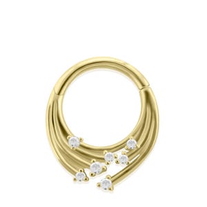 14K Solid Gold 16g Clicker Hoop Celestial, Front Facing Multi CZ prong-set for Septum, Cartilage, Lobe Piercings, earring hoop.