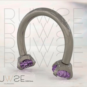 16g Implant Grade Titanium Horseshoe Circular Barbell internally threaded with Purple Prong-set Zircon end Septum ring, Rook tragus hoop