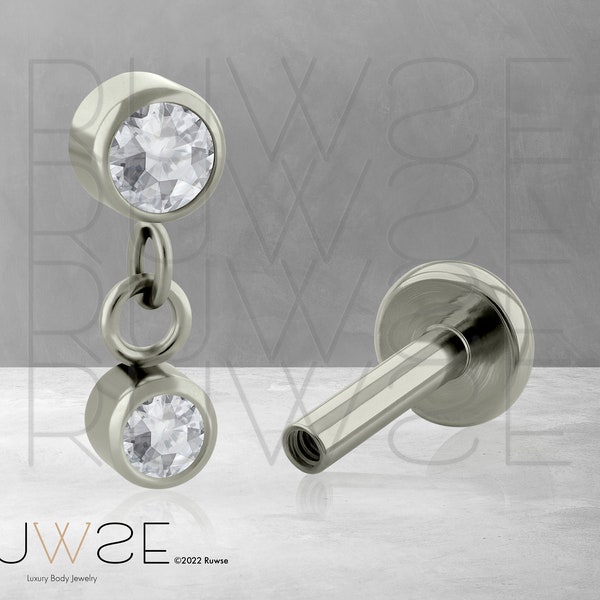 16g-18g Implant Grade Titanium Doble Bezel-set Cubic Zirconia  END with 16g or 18g Threaded Labret BIG Back earlobe piercing dangle earring.