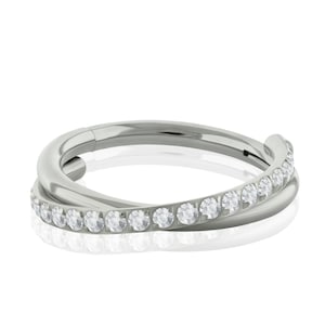 16g Implant Grade Titanium Side CROSSEDHinged Hoop with side facing Cubic Zirconia for Daith, Helix, Cartilage and Lobe Piercings