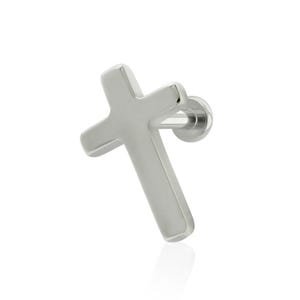 May include: A silver-colored cross-shaped earring with a post and backing. The earring is made of a shiny, metallic material and is designed to be worn in a pierced ear. The cross has a simple, minimalist design.
