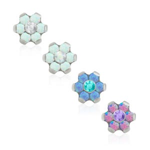 Accesorios roscados de 16 g a 18 g: engaste de púas de flor de titanio, ópalo y circonita cúbica, patrón de rosca de 0,9 mm