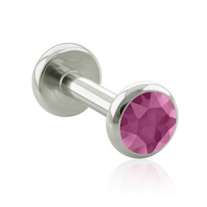 Extremo roscado y labret: titanio de grado de implante con engaste de gemas planas de color violeta rosa, EXTREMO con perforación en labio roscado GRANDE de 16 g o 18 g